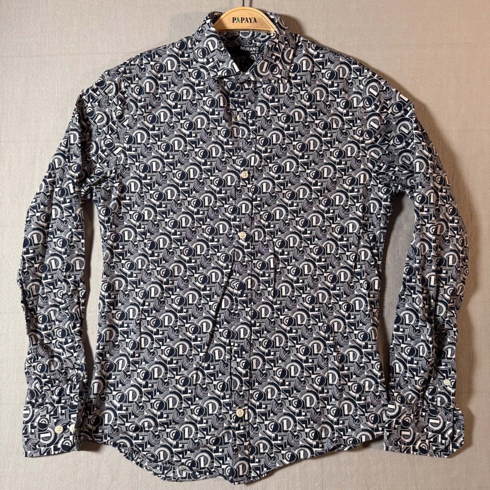 Murano Slim Fit Geometric Button Down Shirt Mens Small Navy White Cotton Print - Picture 4 of 6